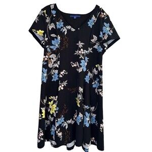 APT. 9 Women’s Floral Black Swing Dress XL Short Sleeve Stretch V-Neck
